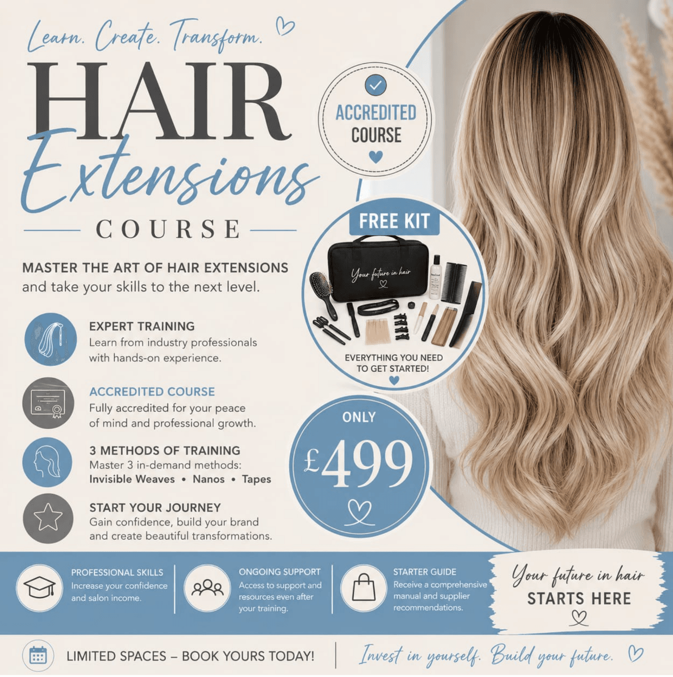 Sarah Louise Hairdressing Hair Extensions Course artwork showing blonde extensions and course kit.