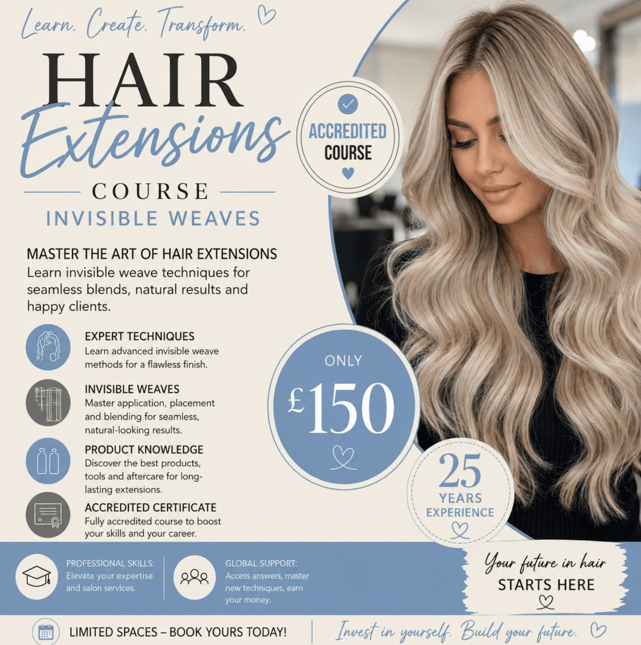 Sarah Louise Hairdressing Invisible Weaves Course artwork showing blonde hair extensions.