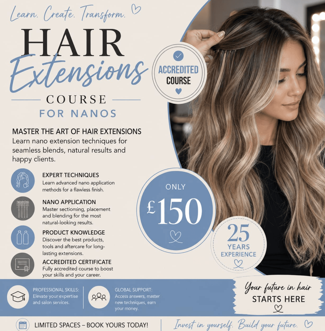 Sarah Louise Hairdressing Nano Extensions Course artwork showing blonde hair extensions.
